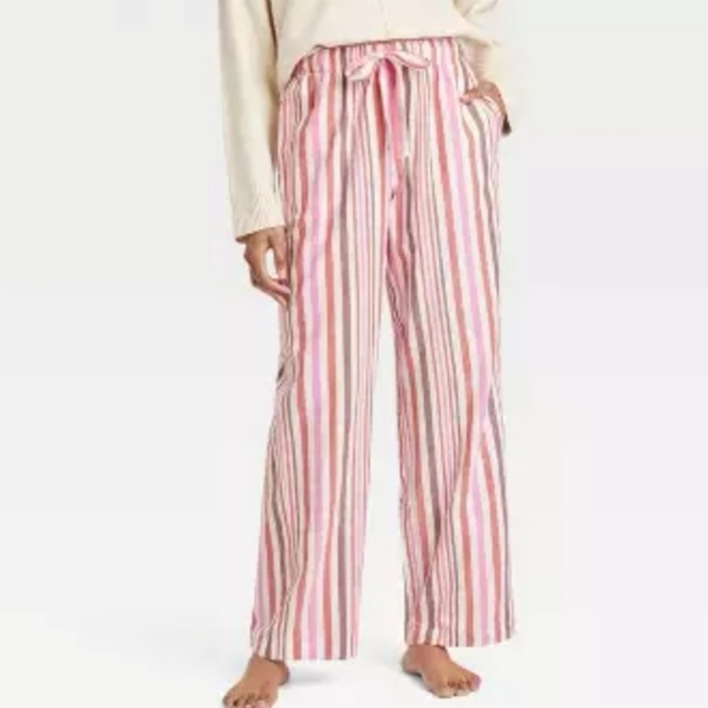 Auden White Red Pink Striped Flannel Wide Leg Pajama Loungewear Pants XS NWT